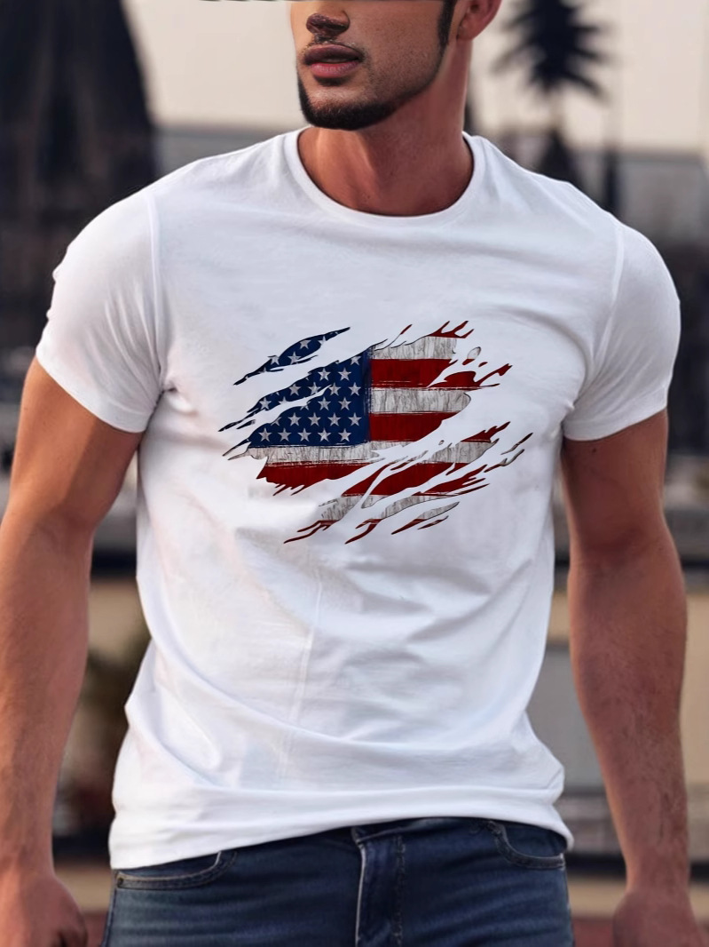 Men's Summer Casual Loose Cotton Trendyy American Flag Pattern Printed Round Neck Short-Sleeved T-Shirt Top
