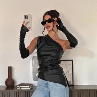 Leather Vest Cross-Border European and American Women's Clothing Sexy Slanted Collar Off-Shoulder Asymmetrical Pu Leather Vest Women's Top with Sleeves