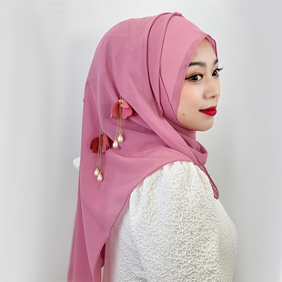 Cross-border solid color long scarf Pearl chiffon floral tassel women's scarf Malay beaded scarf in stock wholesale