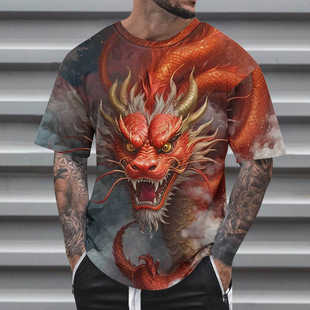 2024 New Year of the Dragon 3D Printed T-shirt Chinese Traditional Dragon Animation Pattern Imitation Cotton Round Neck Short Sleeve Spring and Summer Men's T-shirt
