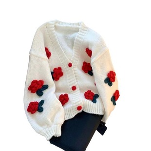 Sweet and Chic Loose Three-dimensional Flower Cardigan Sweater Women's Short V-neck Coat Spring and Autumn Fashion All-match Top