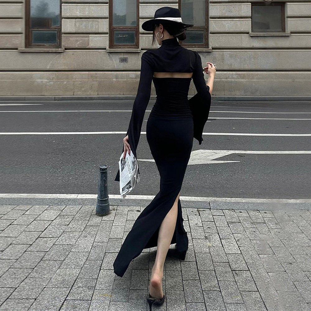 European and American Niche Design High-End Black Slim Fishtail Skirt High-Neck Cut Out Slit Slim Long Skirt Dress