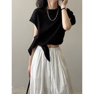 Words Double Design Sense Strap Tight Waist Crewneck Short-sleeved T-shirt Summer Ins Style Chic Slim-fit All-match Top 82301