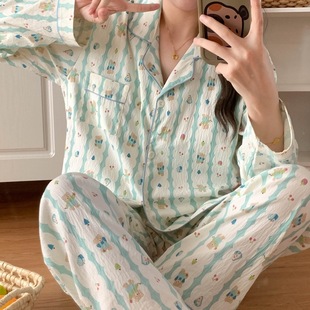 Japanese-style Blue Striped Cat plus size Pajamas Women's One-piece Cute Cloud Pure Cotton Long-sleeved Student Two-piece Set with Chest Pad