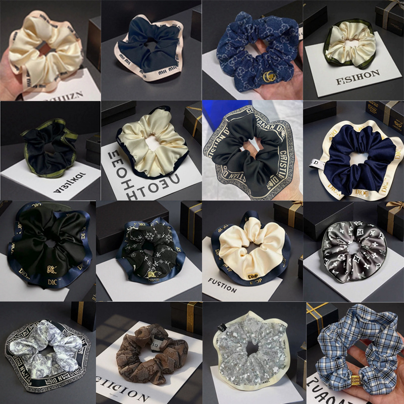 High-end designer-style satin scrunchie for women, French retro hair tie with letter woven ribbon, hair accessory wholesale
