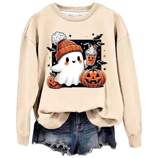 2024 Amazon cross-border new 3D digital printing pullover Halloween ladies casual round neck sweater wholesale
