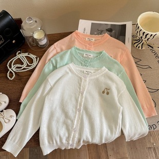 Salty Lime Seven Summer Thin Baby Girl's Cherry Knitted Cardigan Children's Air-conditioning Clothing Coat Outer Sun Protection Clothing