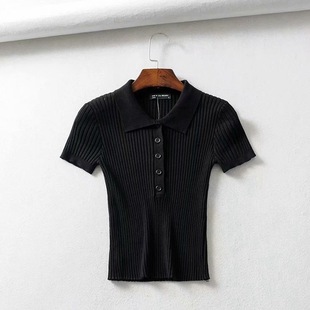 Spring and Summer new retro solid color polo collar lapel buckle slim-fit short navel short sleeve sweater T-shirt top