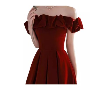 wine red off-shoulder New Style Toasting Clothing Light Luxury High-end Feeling Engagement Dress Long Elegant Retro Slimming Dress
