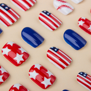 Independence Day Nail Art 24 Pieces Short Square False Nail Y2K Red Blue White Star Wear Armor Removable Wholesale