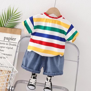 Kindergarten Suit Children's Summer Rainbow Striped Short-sleeved Blue Denim Short Pants Suit Class Suit Western Style Six-day Dance