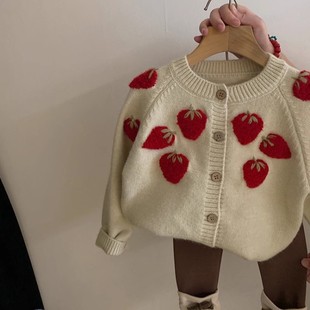Girls' Coat 2024 Autumn New Style Handmade Embroidered Sweater Baby Girl's Three-dimensional Strawberry Sweater Trendy Cardigan