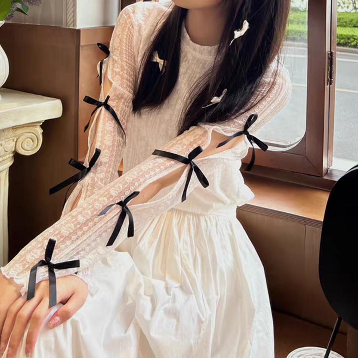 Ballet Style Crewneck Bow Long-sleeved T-shirt Women's Autumn Slim-fit Slimming Thin All-match Jazz Dance Top New