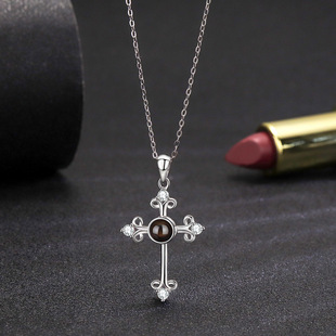 S925 Silver 100 Languages Diamond Cross Projection Necklace European and American Accessible Luxury Simple Elegant Pendant Necklace