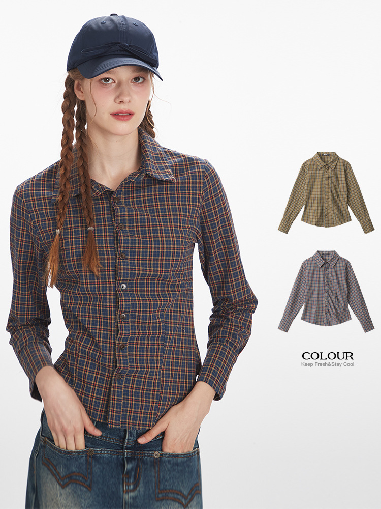 Heyhenry Spring and Autum Plaid Slim Slim Long-Sleeved Shirt Women's Retro Waist Versatile Bottoming Short Top