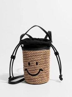 Gao Yuanyuan's Same Style Mini Woven Bucket Bag 2024 Summer New Smiley Straw Bag Crossbody Mobile Phone Bag for Women