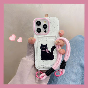 Cute black cat apple 16 phone case iPhone13/14/15promax card lanyard 12/11 girl x