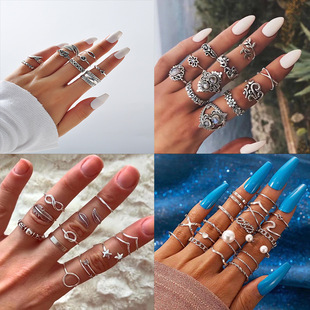 European and American cross-border trendy jewelry retro geometric zircon ring personality pattern modeling alloy ring set