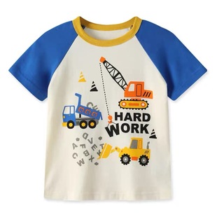 New Summer Boys Short-sleeved T-shirt Engineering Vehicle Moto Pattern Baby Spring and Autumn Thin Middle-sleeved Shirt Base Shirt