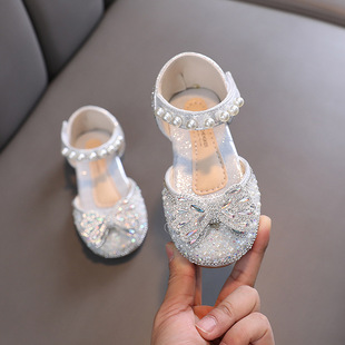 2022 Summer New Korean Style Rhinestone Soft Sole Girls' Semi-Sandals Princess Shoes Children's Shoes Spring Girl's Leather Shoes