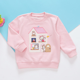 in stock F children's clothing autumn 2024 new female treasure cartoon bear rabbit house embroidery terry long sleeve sweater