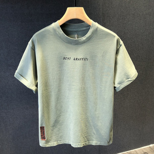 Summer 2024 New Washed Short-sleeved Loose Casual Men's Tops Men's Trendyy Printed Versatile Half-sleeved T-shirt