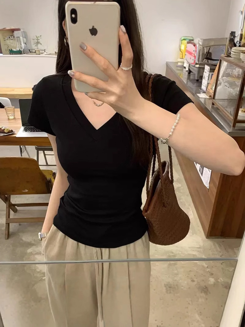 American Style Shoulder Short-Sleeved T-Shirt Women's Summer Women's New U-Neck Inner Short Slim-Fit Tight Base Shirt Top for Women