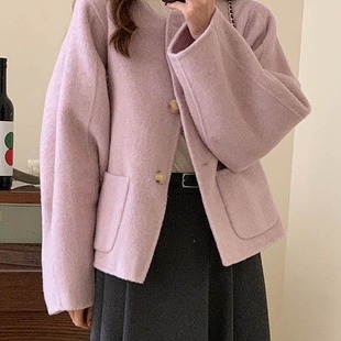 2023 autumn and winter New Pink purple student Chanel style short loose round neck small woolen coat female fashion
