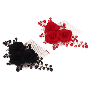 Bride's Wedding Hair Hairpin Chinese Handmade Rose Rhinestone Pearl Exquisite Hair Comb Alloy Hair Hairpin Ball Head Hair Bracer