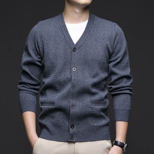 One-piece Velvet Knitted Cardigan Jacket Men's Sweater V-Neck Cardigan Middle-aged Dad's Blended Warm Knitted Cardigan