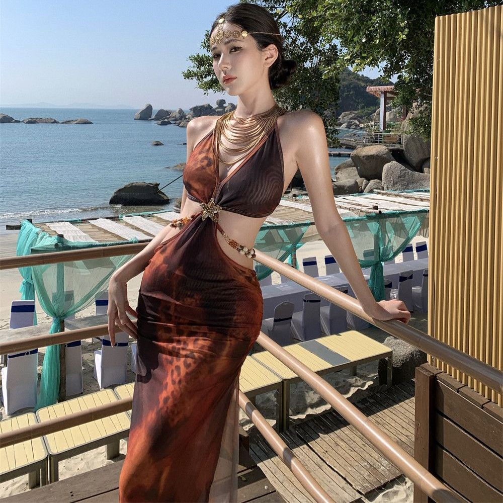 Hot Girl Sexy Backless Hollow-Out Waist-Cinching Halter Bikini for Women, Thai Seaside Vacation Niche Printed Swimsuit Long Dress