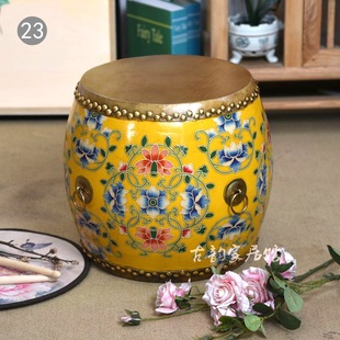New Chinese style solid wood cowhide drum stool Rosewood round stool home doorway shoe changing stool distressed painted sofa stool ancient kite stool