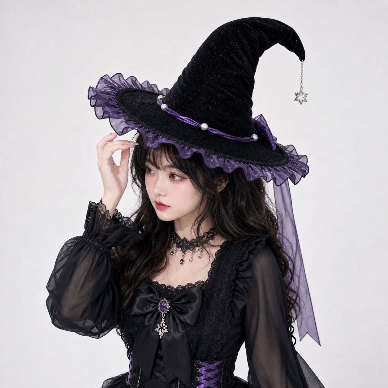 Cross-Border Halloween Witch Hat Wizard Hat Black and Purple Bow Hat Gothic Lolita Lolita Cos Party Hat