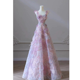 Purple Strap Heavy Industry Evening Dress 2024 New High-end Light Luxury Niche Host Banquet Elegant Engagement Dress