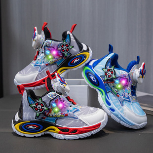 Boys' Cartoon Lighting sneaker 2024 Spring and Autumn Mesh Shoes Rotating Button Torre Shoes Children's Students Running Shoes