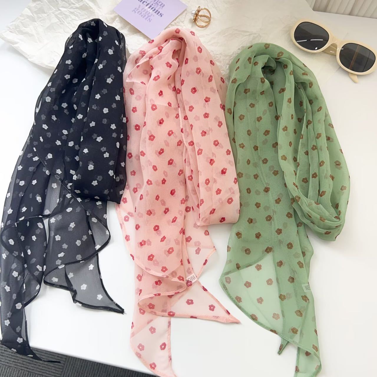 Korean-Style Chiffon Silk Scarf for Women, Spring and Summer Thin Style, Polka Dot and Striped Versatile Decorative Long Ribbon, Neck Tie, Waist Belt, Hairband