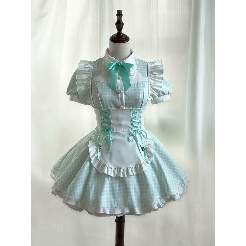 【Mint Tea Break】Japanese-Style Cat Plaid Maid Bowknot Plaid Dress + White Tie Apron Set