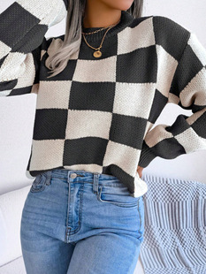 Cross-border foreign trade Europe and the United States autumn and winter checkerboard knitwear Amazon contrast color loose casual pullover long sleeve sweater