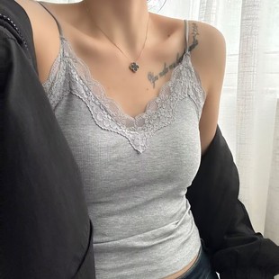 2035 French Lace V-Neck Fixed Cup Camisole Women's Spring and Summer Simple Comfortable Inner Wearing Outer Wearing Vest Top