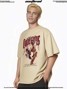 Guochao Street Original Design Couple T-shirt Junior Skateboard Printed Cotton oversize Large Version Loose T