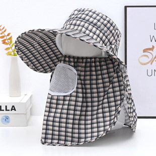 Spring and summer new plaid sunscreen cap women's cycling neck protection breathable mask shawl hat dry farm work tea picking hat sunshade hat