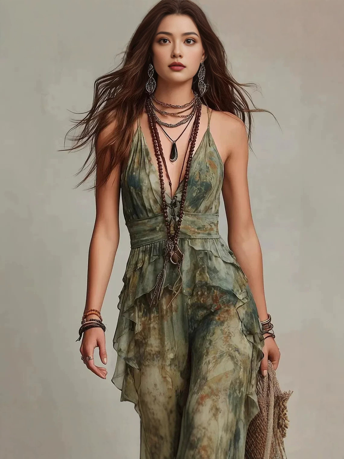 European and American Retro Tie-Dye Suspender Dress for Women, V-Neck, Waist-Cinching, Ruffled, Backless, Bohemian Style Vacation Long Dress