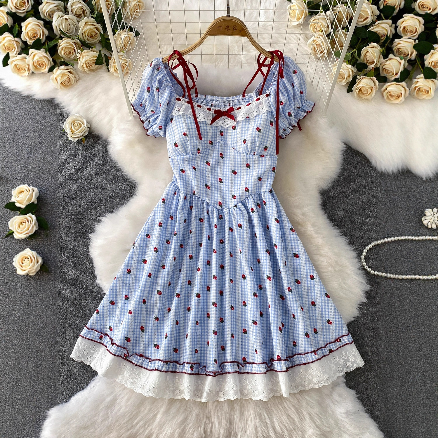 Cross-Border French Plaid Sweet Lace Square Neck Puff Sleeve Dress for Women Summer Bow Waist Slimming