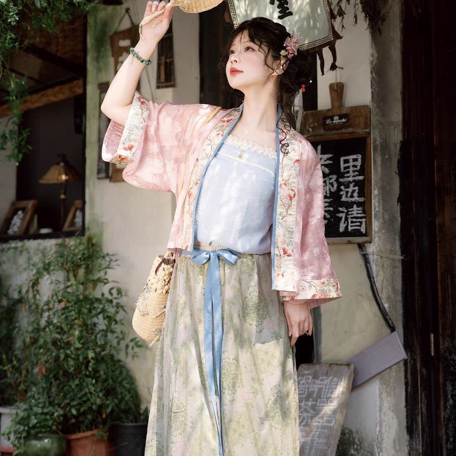 Song-Style Short Shirt with Suspenders, Printed Lantern Pants, Everyday Chinese Style, Spring and Summer New Chinese Style, Pink Raccoon Sleeves, Other