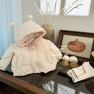 [Dessert cheese] South Korea baby girl floral bow cotton-padded jacket double ball cute warm autumn and winter warm coat