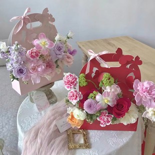 Portable Flower Basket Paper Bow Flower Box 38 Goddess Festival Portable Cake Box Flower Bag Flower Packaging Gift Box