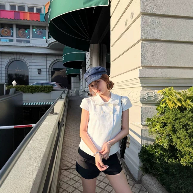[Factory Direct Sale] French Peter Pan Collar White Short-Sleeve Shirt Women's Summer Design Blouse Korean Style