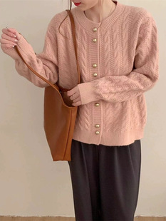 Autumn 2024 New Vintage Twist Gold Button Gentle Style Knitted Cardigan Round Neck Solid Color Design Sweater Top