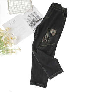 2024 winter embroidered jeans embroidered fish plus size women's pants elastic waist national style thickened Harlan pants fat girl tide 052
