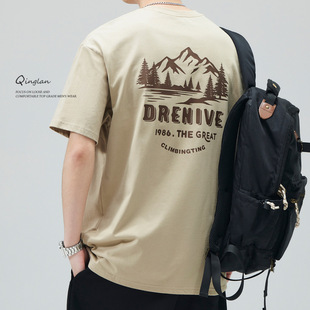 White Heavy Round Neck Men's Short-sleeved T-shirt Men's Japanese-style Back-printed Trendy Brand Summer Short T Base